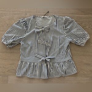 Stradivarius Striped Blouse with Tie Bows Navy Blue and White size M